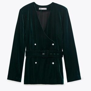 Zara Emerald Green Velvet Pearl Button Oversized Double Breasted Blazer Size XS